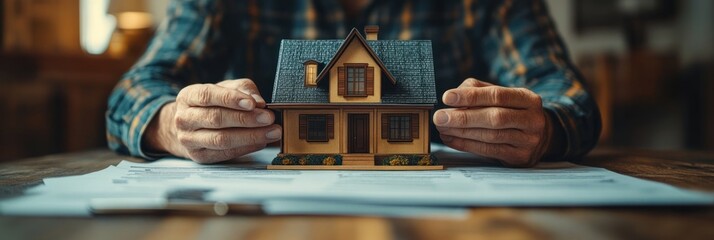 Poster - Man Holding a Model House on a Table