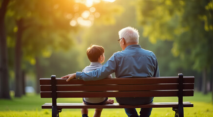 Sticker - An older man and a young boy are sitting on a park bench