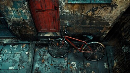 Poster - Vintage Bicycle Leaned Against a Red Door in an Urban Alley