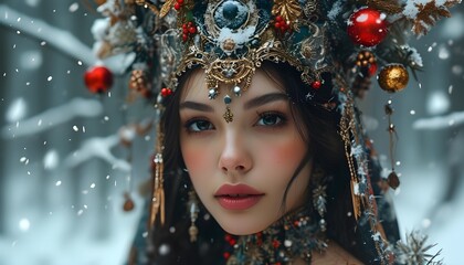 Wall Mural - Enchanting winter fantasy featuring mystical woman in ornate headpiece amidst snowy forest, perfect for greeting cards or seasonal decor