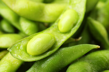 Wall Mural - Fresh edamame pods with soybeans as background, closeup