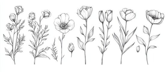 Outline illustration of botanical floral elements in a detailed drawing style