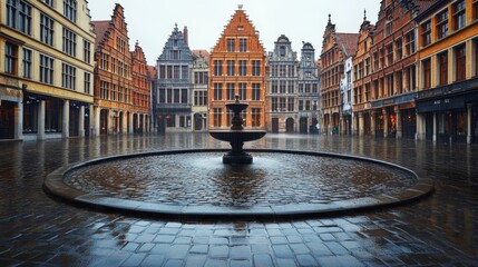 A quiet, rainy day in a European plaza, featuring a symmetrical circular fountain in the middle, water ripples reflecting the timeless beauty of the surrounding architecture