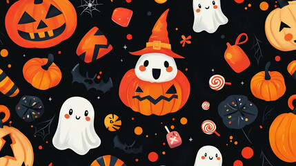 Halloween festival design, cute pumpkins, ghosts, and witches spooky elements for decoration and wallpaper, black background, vector illustration