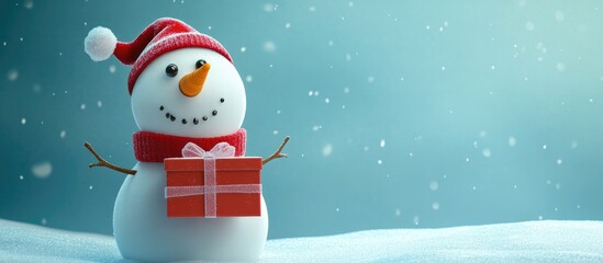 Festive snowman with a gift box featuring a carrot nose and red scarf Adorable cartoon character set against a blue winter backdrop Perfect for holiday celebrations