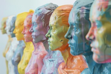 Canvas Print - A collection of vibrant sculptures depicting human heads with unique features and expressions