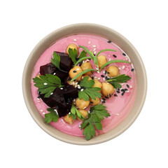 Wall Mural - Tasty beetroot hummus and chickpeas in bowl isolated on white, top view