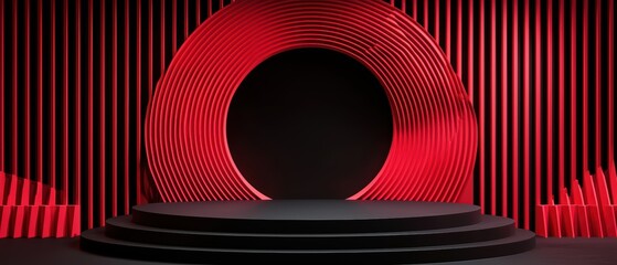 Canvas Print - A modern, stylish stage design with vibrant red accents and an elegant circular backdrop, perfect for events and presentations.