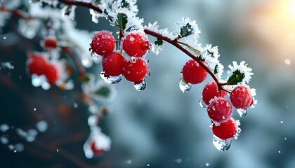 Wall Mural - Frosted red berries adorning snowy branches for a magical Christmas and New Year ambiance in a festive backdrop design