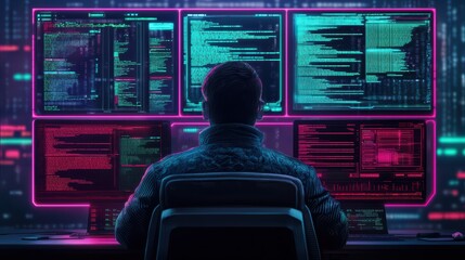 A programmer analyzes complex code on multiple screens in a high-tech, neon-lit workspace.
