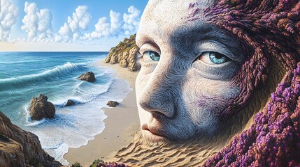 Wall Mural - Surrealist Sculpture of Woman Blended with Nature, Abstract Image, Texture, Pattern Background, Wallpaper, Cover and Screen for Smartphone, PC, Laptop, 9:16 and 16:9 Format