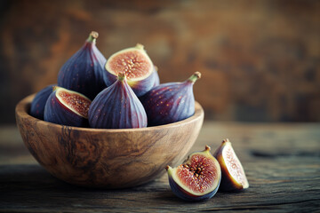  A wooden bowl filled with whole figs and sliced fig fruits on an old rustic table, with ample space for copy.
