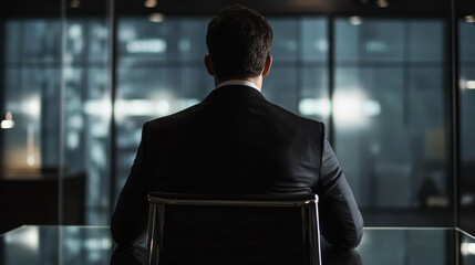 A silhouette of a man in a suit sitting at a table, facing a large glass window with city lights, creating a professional and contemplative atmosphere.