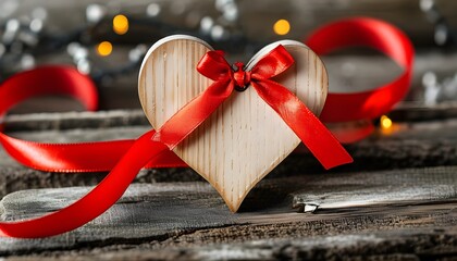 Wall Mural - Handcrafted wooden heart adorned with red ribbon on rustic backdrop, perfect for festive greetings and romantic designs