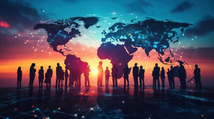 Wall Mural - 3D rendering of a world map with a global network and business people silhouettes connecting on a blue background, an online social media technology concept for internet communication.