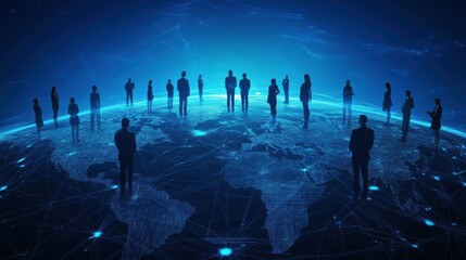 Wall Mural - 3D rendering of a world map with a global network and business people silhouettes connecting on a blue background, an online social media technology concept for internet communication.