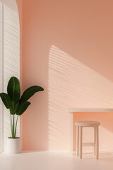 Wall Mural - Minimalist interior with a potted plant, wooden stool, and table against a soft peach wall. Sunlight casting shadows creates a serene ambiance.