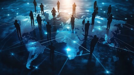 Wall Mural - 3D rendering of a world map with a global network and business people silhouettes connecting on a blue background, an online social media technology concept for internet communication.