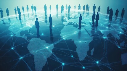 Wall Mural - 3D rendering of a world map with a global network and business people silhouettes connecting on a blue background, an online social media technology concept for internet communication.