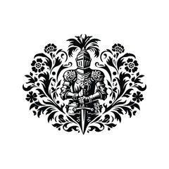 Wall Mural - knight male with folk art decoration in black and white illustrations, cutout graphic