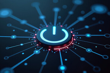 Wall Mural - a blue power button is surrounded by interconnected lines and dots on a black background, representi