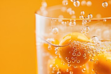 Wall Mural - A vibrant close-up of orange spheres submerged in bubbly water, creating a refreshing and dynamic visual experience.