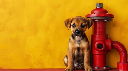 Minimalist background: Firefighter-inspired illustration of a pup in a camping setting, celebrating outdoor journeys and adventures.