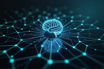 A blue brain on a dark background with radiating connected lines and dots, symbolizing artificial intelligence and neural connectivity.