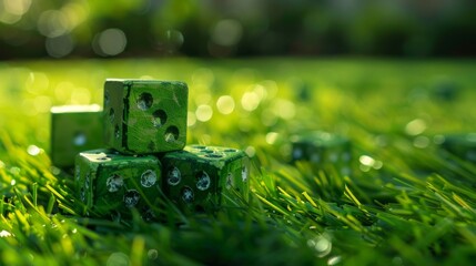 Sticker - Group of green wooden dice with numbers 1-6, stacked on grass. Tranquil scene with artificial grass and bokeh background. Soft shadow adds depth.