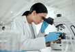 © KayExam/peopleimages.com - Woman, microscope and science in lab for chemistry, observation and experiment results. Scientist, tech and study at table for medicine engineering, pharmaceutical research and healthcare innovation