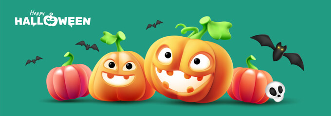 Vector holiday illustration of set of pumpkin character with glow scary face and bat on color background. 3d style realistic design of halloween smile orange pumpkin monster with happy halloween word