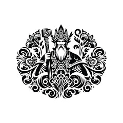 Wall Mural - odin nordic god with folk art decoration in black and white illustrations, cutout graphic