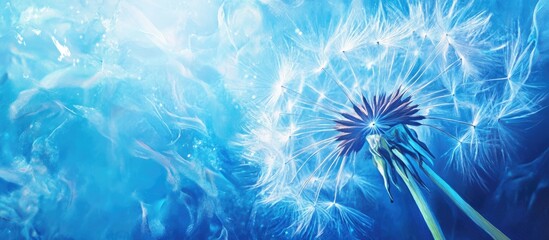 Wall Mural - Artistic painting of a stunning blue nature backdrop featuring a macro shot of a vibrant spring dandelion flower Captivating light plays with close up photography for a dreamy abstract floral conc