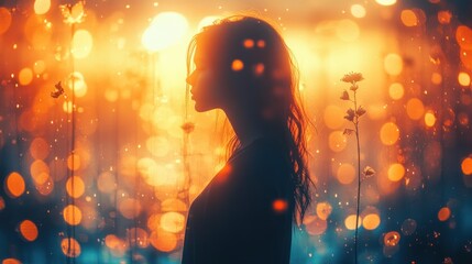 Wall Mural - Silhouette of a Woman in a Glowing Forest