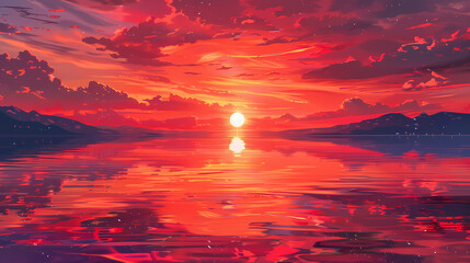 Wall Mural - Red sky reflection on a calm evening, vector illustration