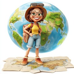 A woman traveler cartoon and 3D like, he is happy, isolated earth map background