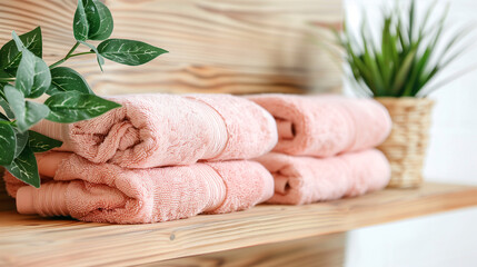 Neatly Stacked Pink Towels on Wooden Shelf