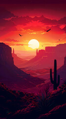 Wall Mural - Mexican desert landscape with silhouettes of cactus and eagles at sunset. Vector scenic background with dramatic, vibrant red and orange colors of dusk time. The majestic Arizona Canyon Mountains