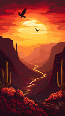 Wall Mural - Mexican desert landscape with silhouettes of cactus and eagles at sunset. Vector scenic background with dramatic, vibrant red and orange colors of dusk time. The majestic Arizona Canyon Mountains