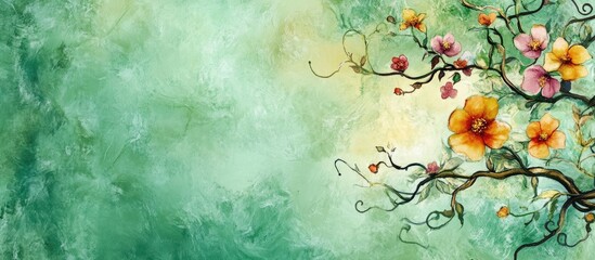 Curly branches with vibrant blooms are artistically portrayed against an abstract green watercolor backdrop creating a floral aesthetic suitable for wall murals cards or wallpaper