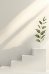 Wall Mural - minimalist interior with a small green plant on a white stepped platform. sunlight casts shadows, cr