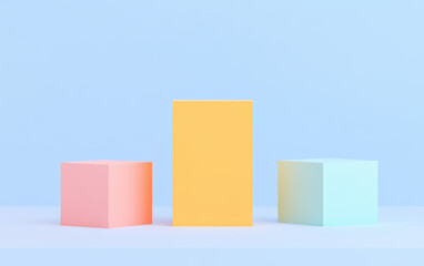 Wall Mural - minimalist geometric display with colorful cubes and rectangles on a pastel background, creating a m