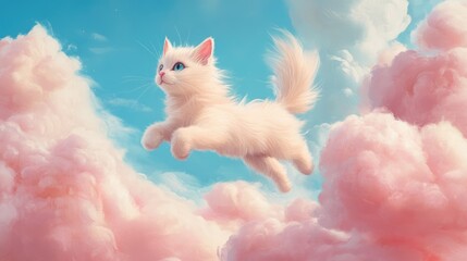 Whimsical illustration of a playful unicorn cat leaping through fluffy cotton candy Ideal for baby shower themes fairy tale books and birthday party decorations