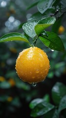 Wall Mural - A close-up of a perfectly ripened, water-dappled orange hanging from a lush, green tree branch, showcasing the fresh and vivid details of this citrus fruit