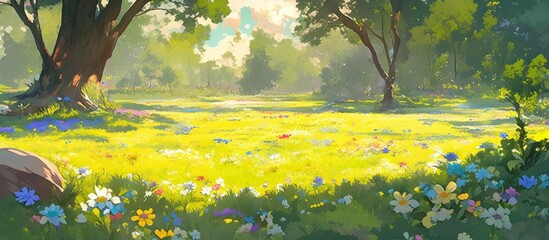 Canvas Print - Painting of vibrant wildflowers in a lush forest setting