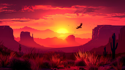 Wall Mural - Mexican desert landscape with silhouettes of cactus and eagles at sunset. Vector scenic background with dramatic, vibrant red and orange colors of dusk time. The majestic Arizona Canyon Mountains