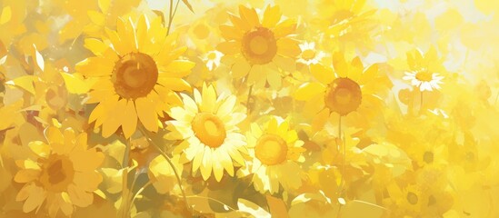 Wall Mural - Painting of sunflowers in full bloom during the summer showcasing a vibrant yellow backdrop filled with these beautiful flowers