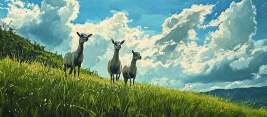 Painting of three goats in a lush green field under a fresh afternoon sky