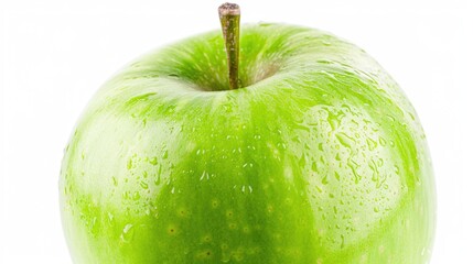 Fresh green apple with small water droplets on its surface, great for food and beverage scenes or still life photography