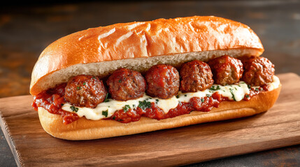 Sticker - A meatball sub sandwich on a wooden board, featuring meatballs in marinara sauce and melted cheese inside a crusty sub roll.